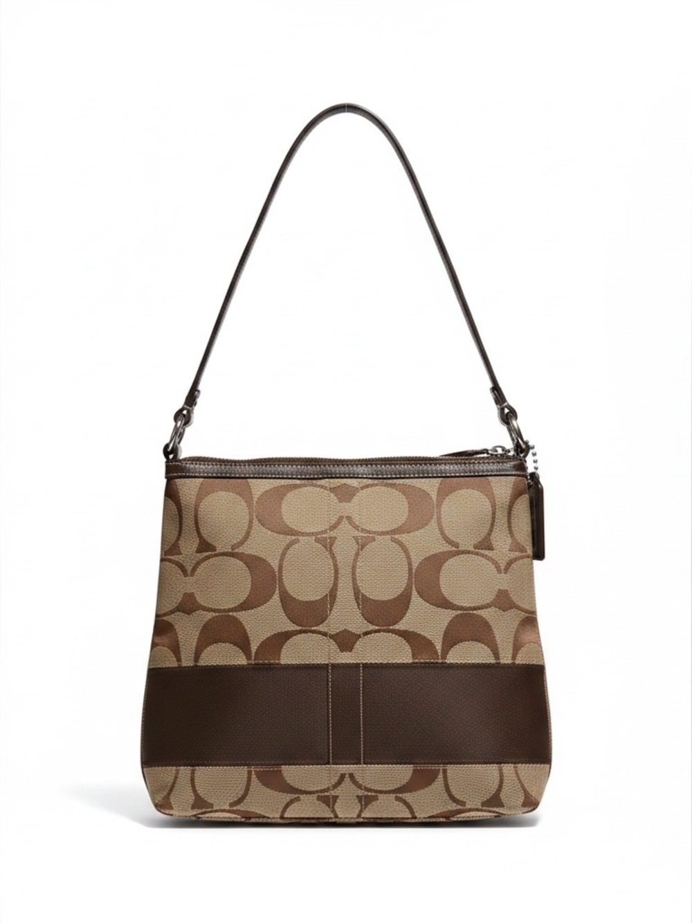Coach Brown Signature Canvas Shoulder Bag with Dark Brown Trim